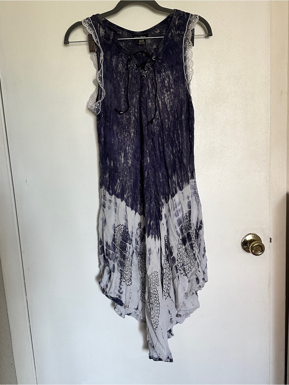 Boho Lace-Trim Tie-Dye Midi Dress in Purple and White